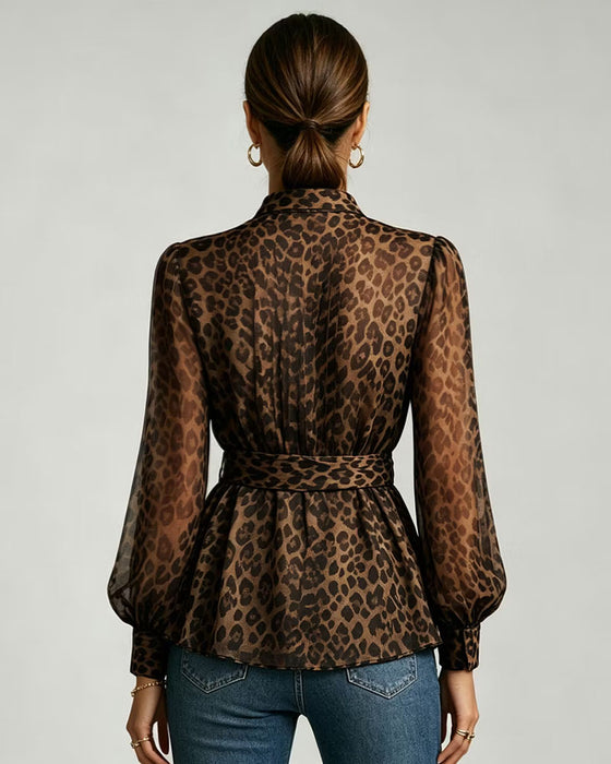 Bluse Leopard Tryk Stående Krave Puf Ærme Snøring