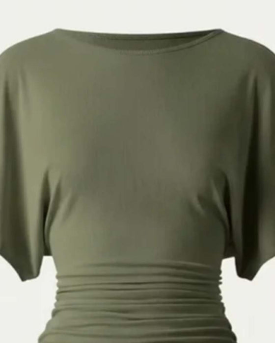 Bluse Casual Ensfarvet Plisseret Kort Ærme