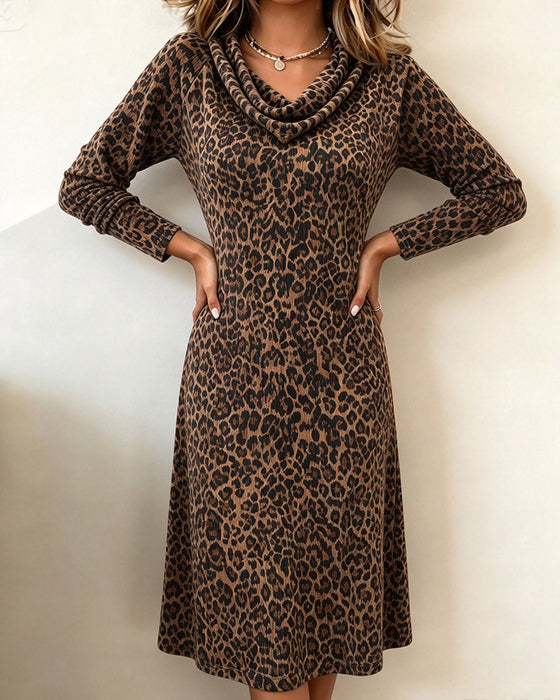 Kjole Slouchy Mock Hals Leopard Lang Ærme