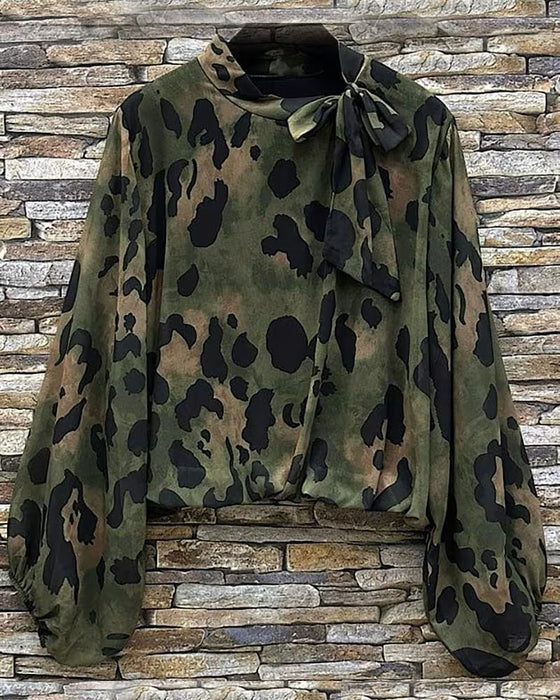 Bluse Camouflage Leopard Tryk Tørklæde Bind Pufærm