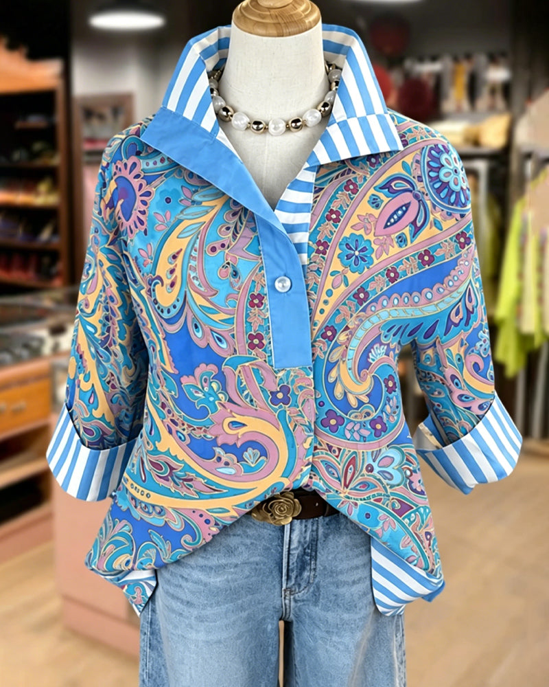 Bluse Patchwork Blomstrende Tryk Casual