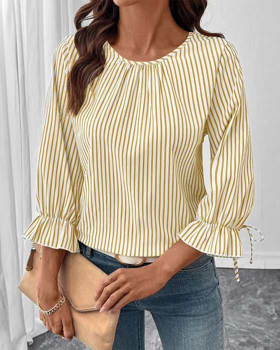 Bluse Stribet Rundhalset Bobble Ærme
