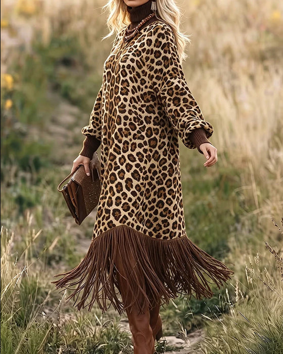 Kjole Leopard Tryk Frynselanterne Ærme