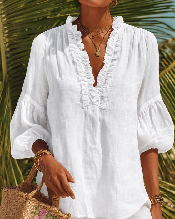 Bluse Ruffle Kant Pufærme V-Hals