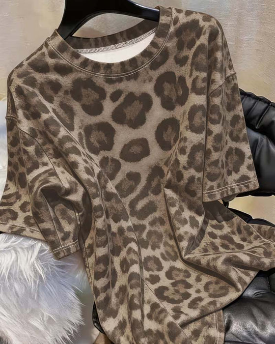 T-shirt Rundhals Leopardmønster Slim-Fit Kort Ærme