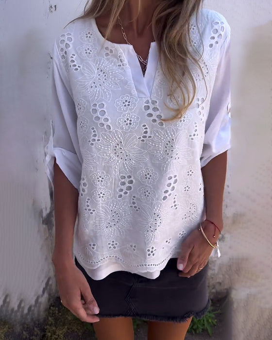 Bluse Ensfarvet Patchwork Trykt Oprullede Ærmer