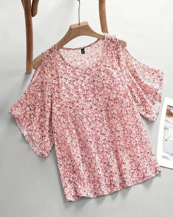 Bluse V-Hals Blomstrende Off-Shoulder Flutter Ærme