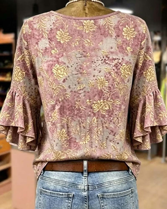 Bluse Retro Tryk Løs Flæse