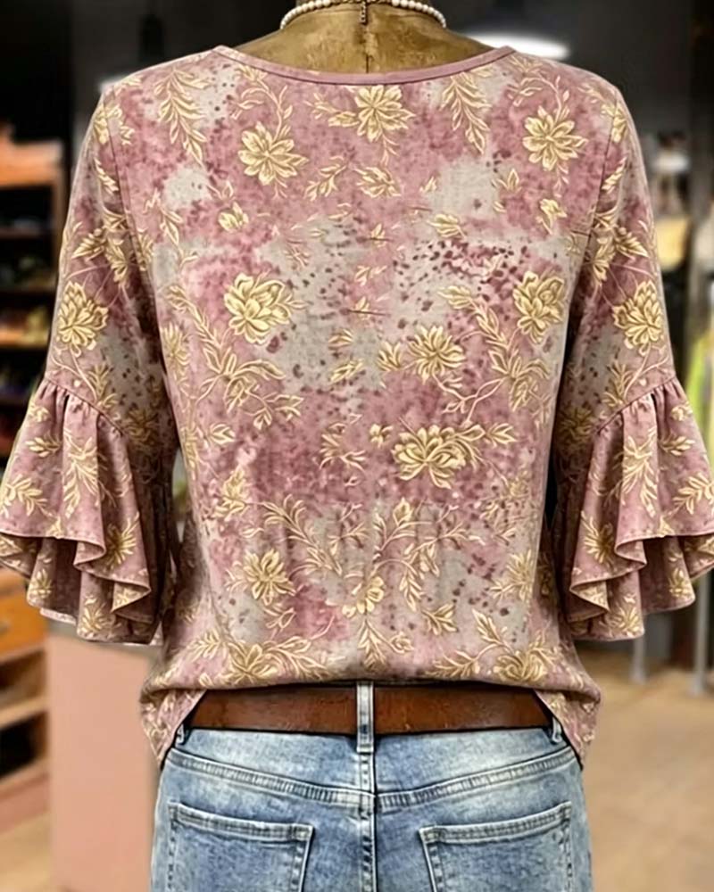 Bluse Retro Tryk Løs Flæse