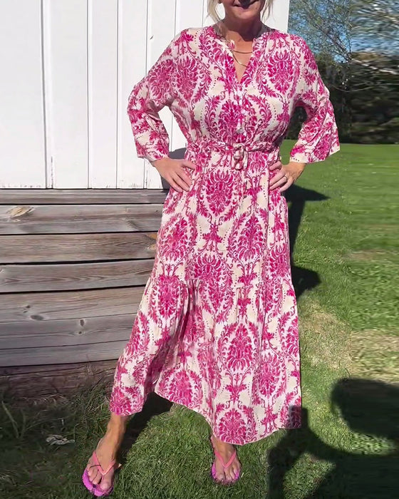 Mønstret kjole med klokkeærmer og snøre