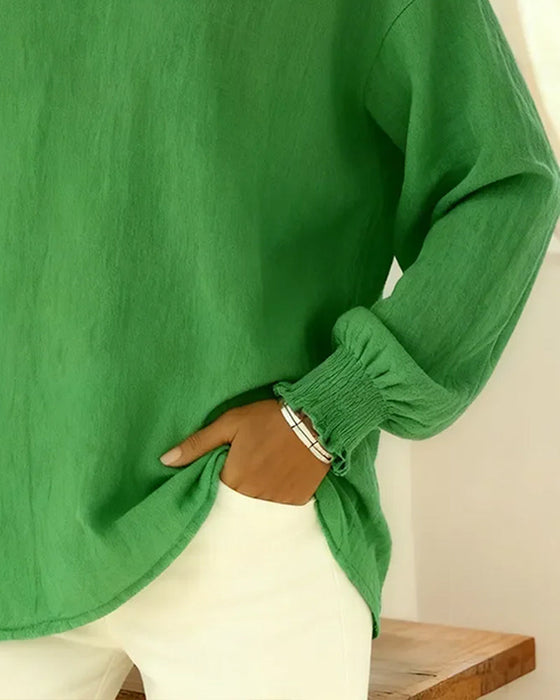 Bluse Bomuld Lanterne Ærme Krave Ensfarved