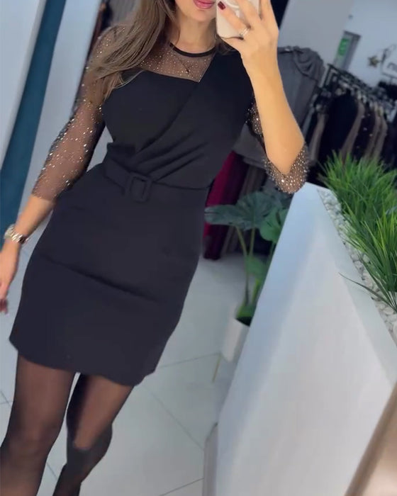 Kjole Mesh Hætte Rhinestone Slim Fit Høfteomfavnende