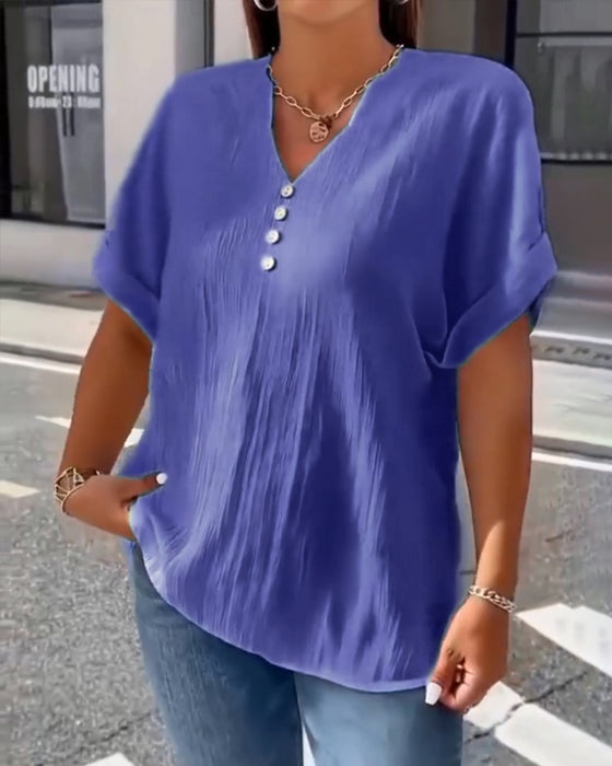 100% Bomuld T-Shirt V-Hals Løs Tekstureret