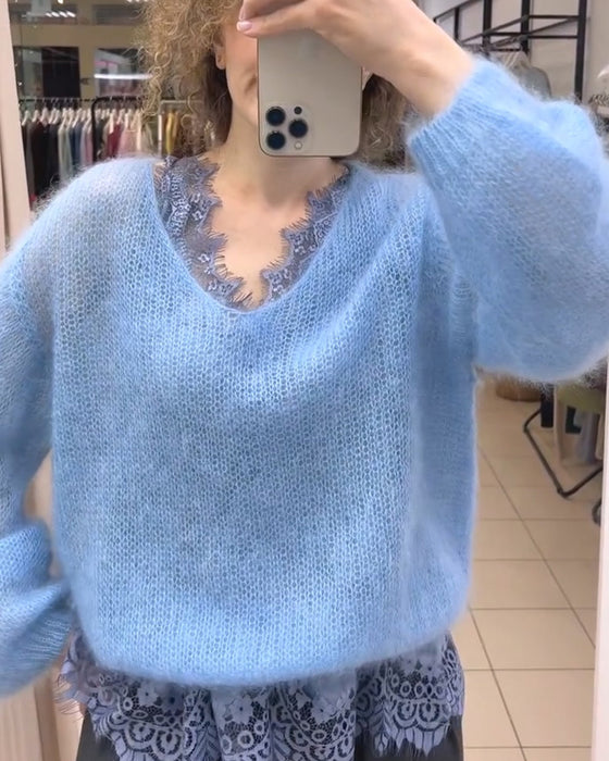 Pullover V-Hals Ensfarvet Patchwork