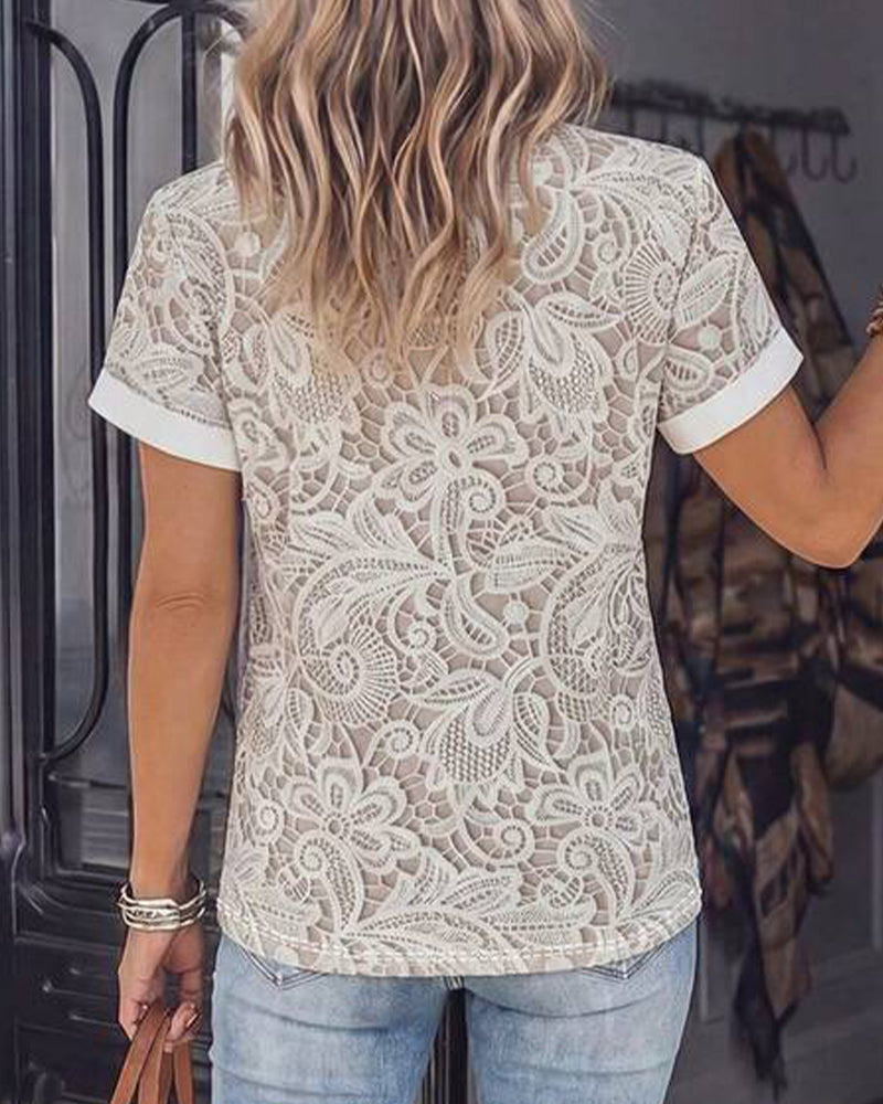 T-Shirt Udskæring Blonder Kort Ærme