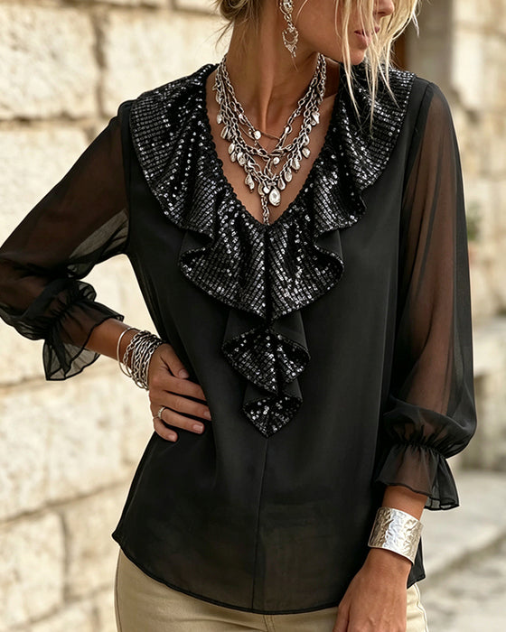 Bluse Stilfuld V-Hals Blondekant Sheer