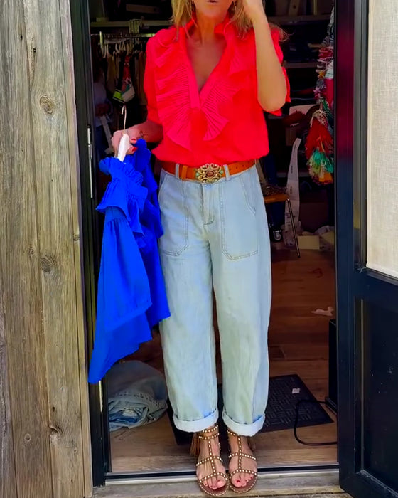 Bluse Casual Ruffle Komfort Kort