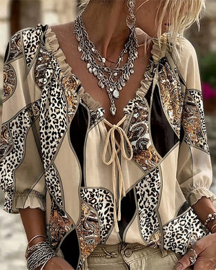 Bluse V-Hals Leopard Pufærme Bind
