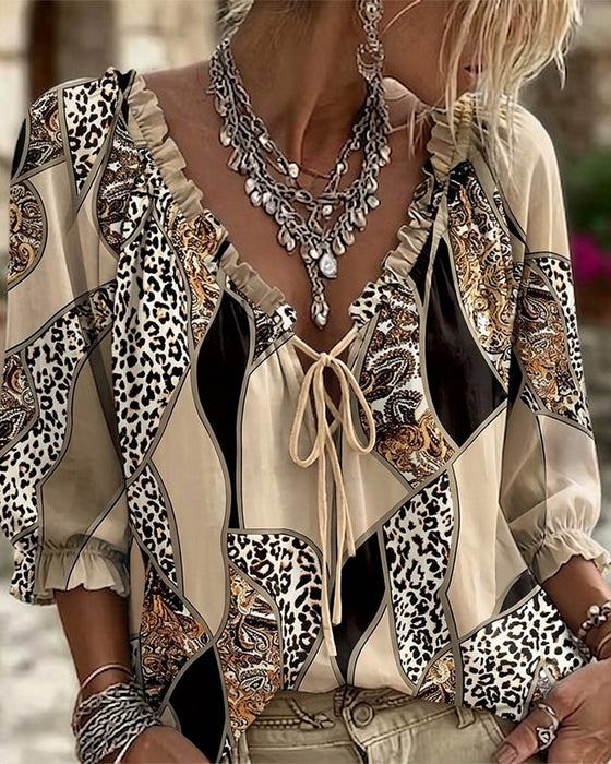 Bluse V-Hals Leopard Pufærme Bind