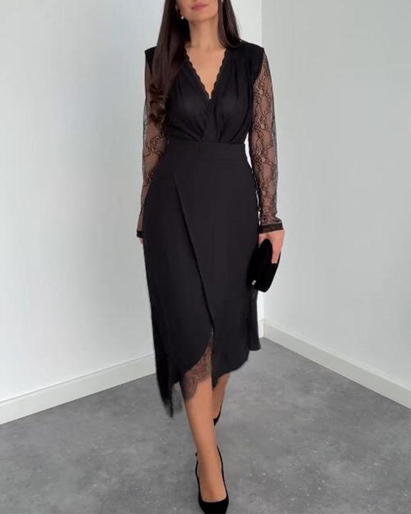 To-Delssæt Med V-Hals Spids Top, Asymmetrisk Midikjol Och Elegant Stil