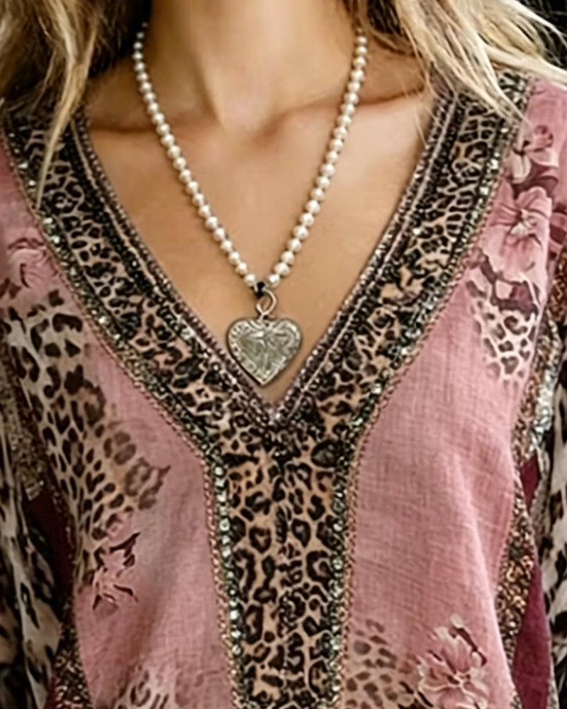 Bluse V-Hals Lygte Ærme Leopard