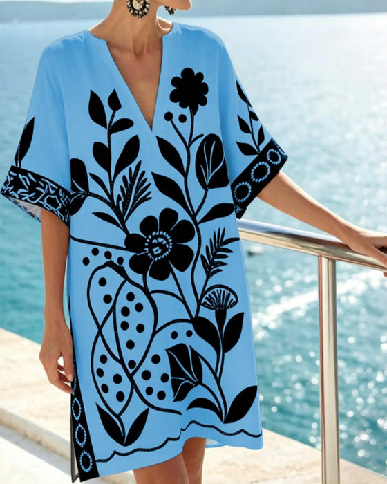 Kjole Floral Print V Hals Slids