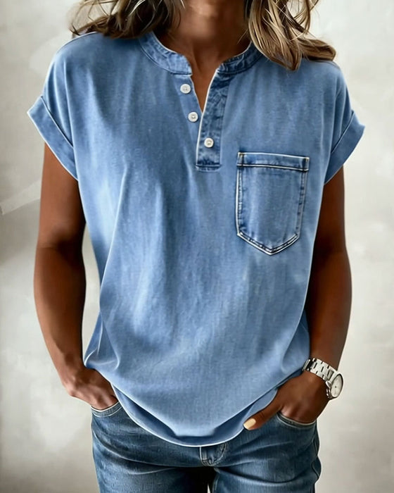 Top Vasket Denim Henley Kort Ærme