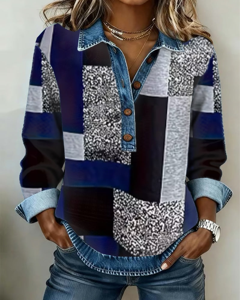 Sweatshirt Denim Patchwork Tryk Casual