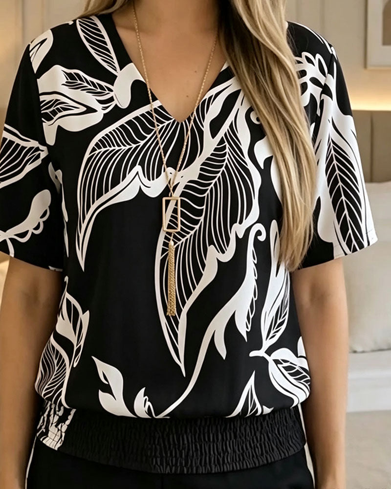 Bluse Blomstertryk Elastisk Kant Kortærmet