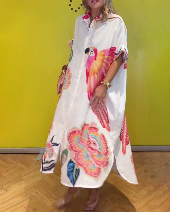 Lang printet kjole med revers