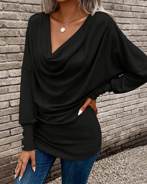 T-Shirt Mock Neck Ensfarvet Knap Lang Ærme