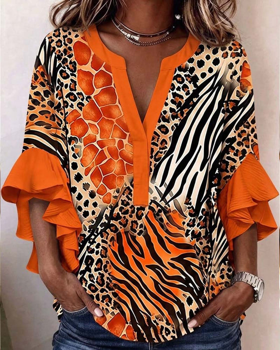 Bluse Zebra Leopard Tryk Ruffle Ærme
