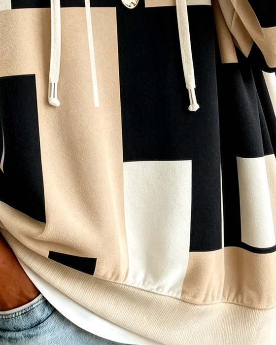 Sweatshirt Geometrisk Tryk Farveblok Snøre