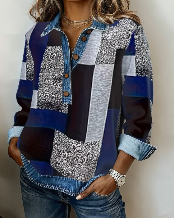 Sweatshirt Denim Patchwork Tryk Casual