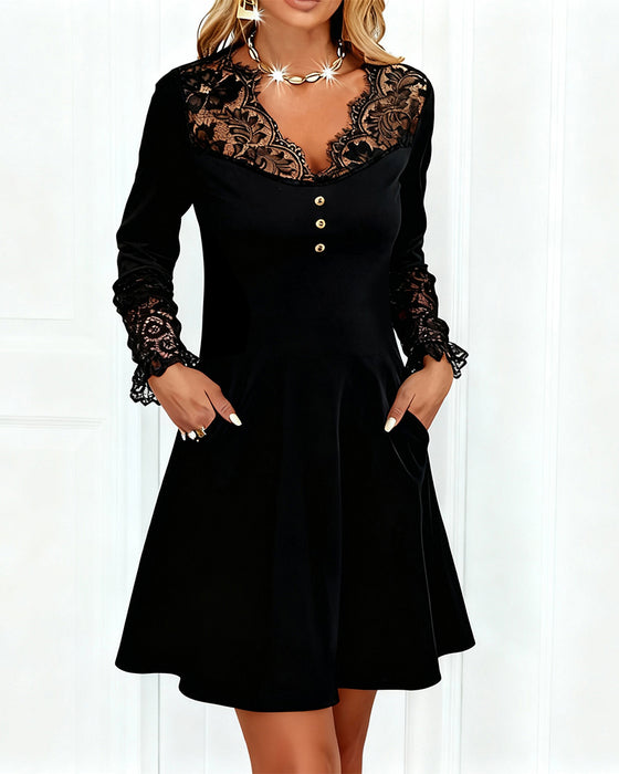 Kjole Patchwork V-Halsudskæring Elegant