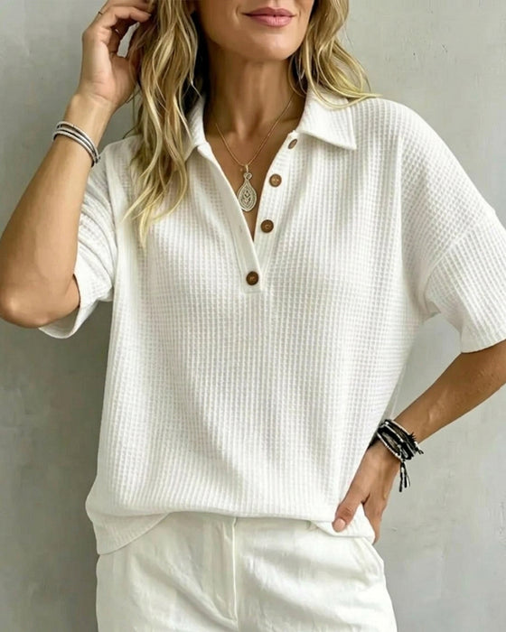 T-Shirt Knapper Foran V-Hals Vaffel