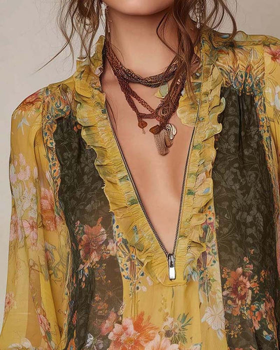 Halvlås Blomstertryk Bluse