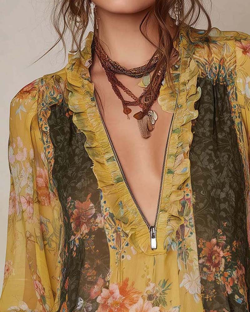 Halvlås Blomstertryk Bluse