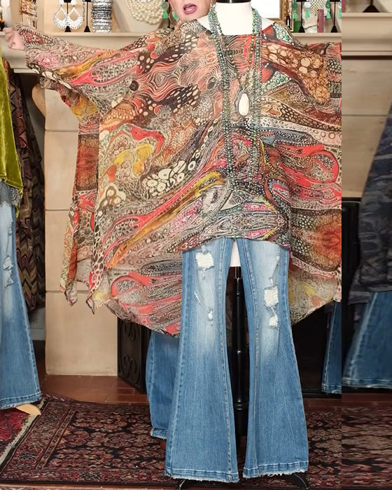 Bluse Løs Flagermuseærme Tryk