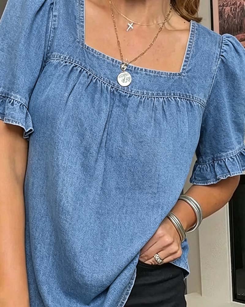 Bluse Firkantet Hals Rynket Denim