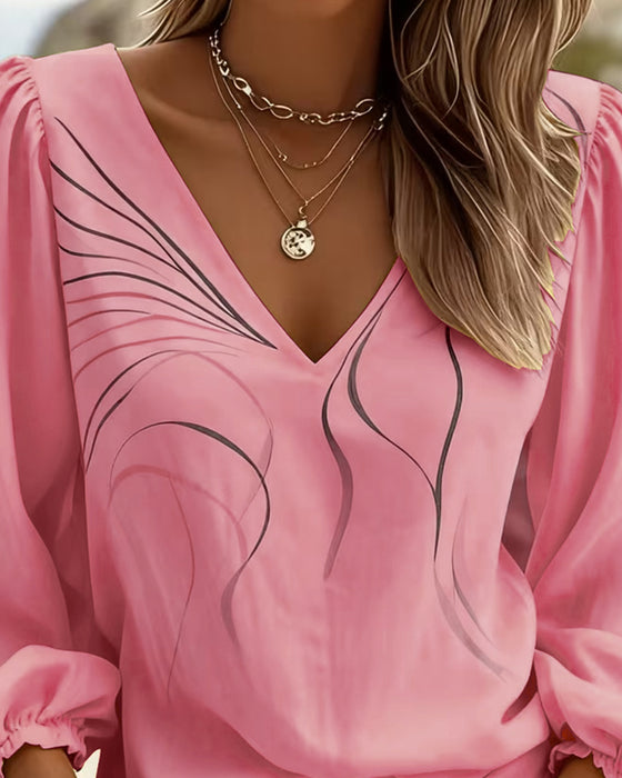 Bluse V-hals Linje Trykt Pufærme