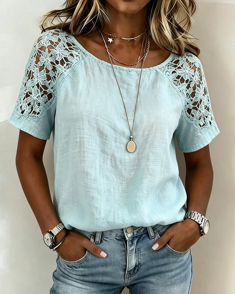 Bluse Blonder Hollow Out Patchwork Kort Ærme
