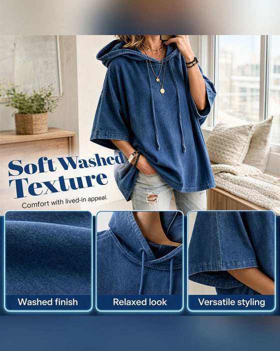 Hoodie Hætte Snor Albuelang Ærme Denim