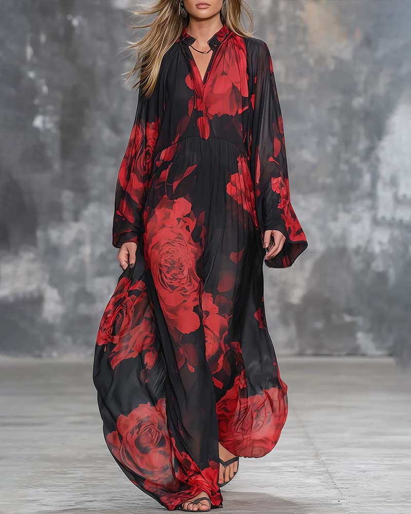 Kjole Temperament Løs Rose Tryk Lang