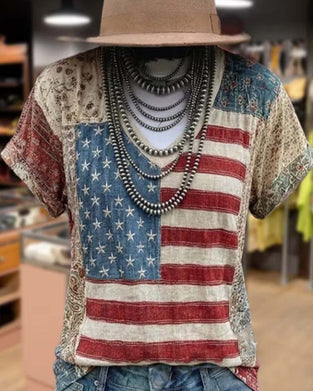 T-Shirt V-Udskæring Kortærmet Patchwork
