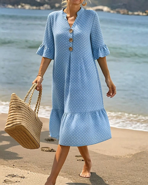 Kjole Polka Dot V-Hals Rynket Ærme