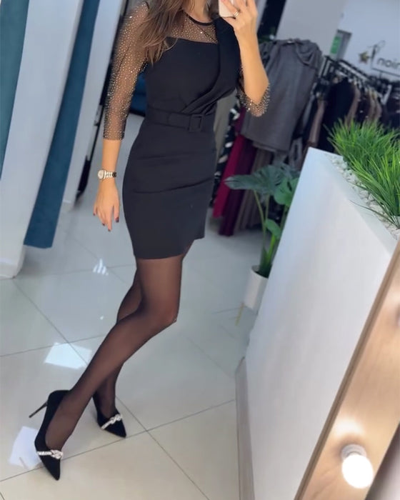 Kjole Mesh Hætte Rhinestone Slim Fit Høfteomfavnende