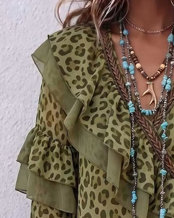 Bluse V-Hals Ruffle Leopard