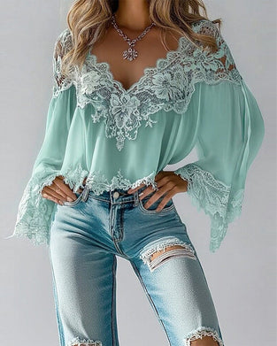 Bluse V-Hals Patchwork Løs Langærmet