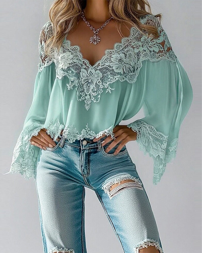 Bluse V-Hals Patchwork Løs Langærmet